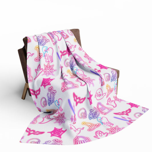 Neon Halloween Blanket Ghosts & Spooky Icons, Retro Blanket, Cozy Seasonal Decor
