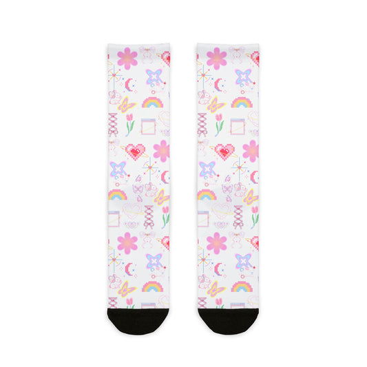 Cute Patterned Crew Socks, Rainbow, Flower Design
