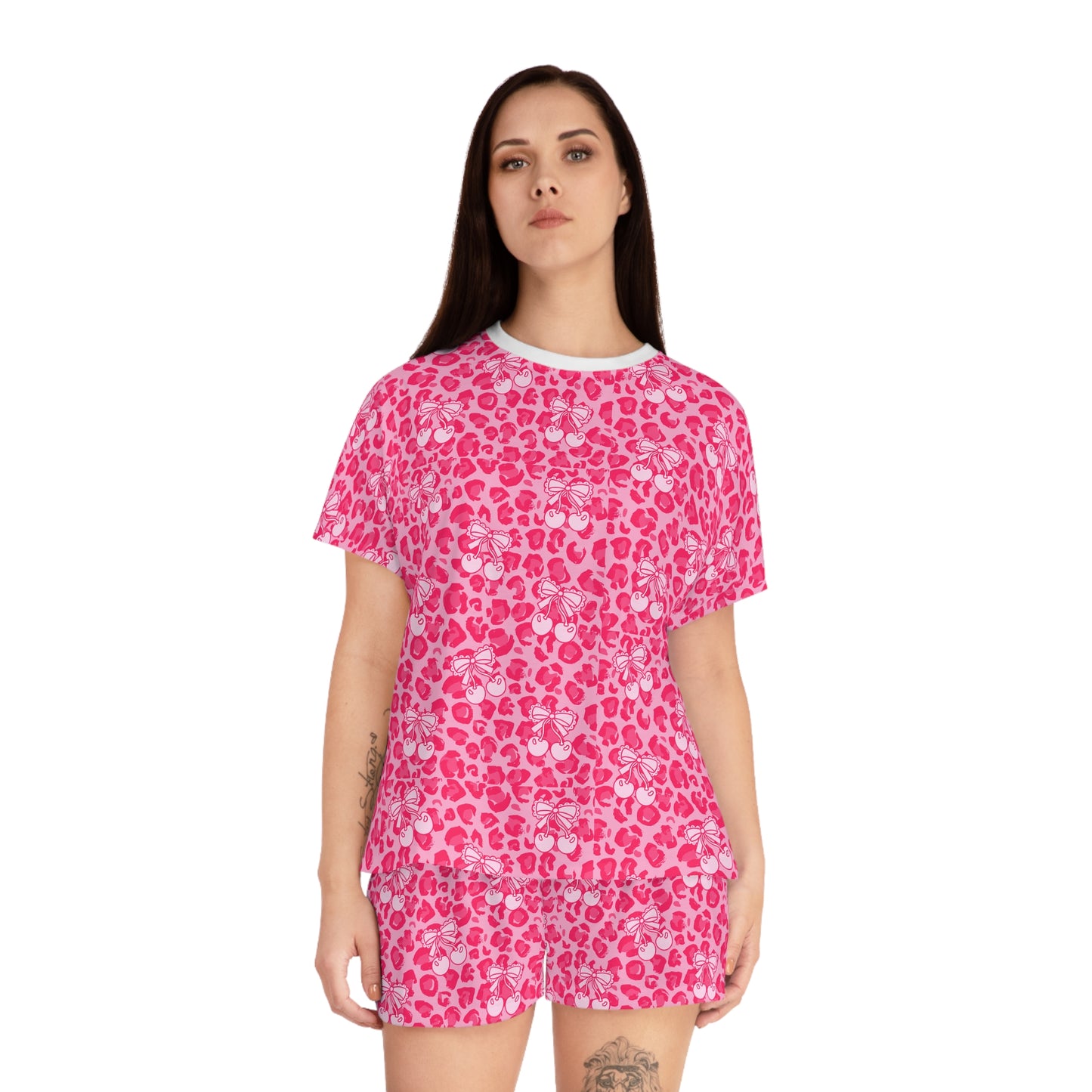 Cute Women's Pink Leopard Short Pajama Set With Cherry & Bow pattern