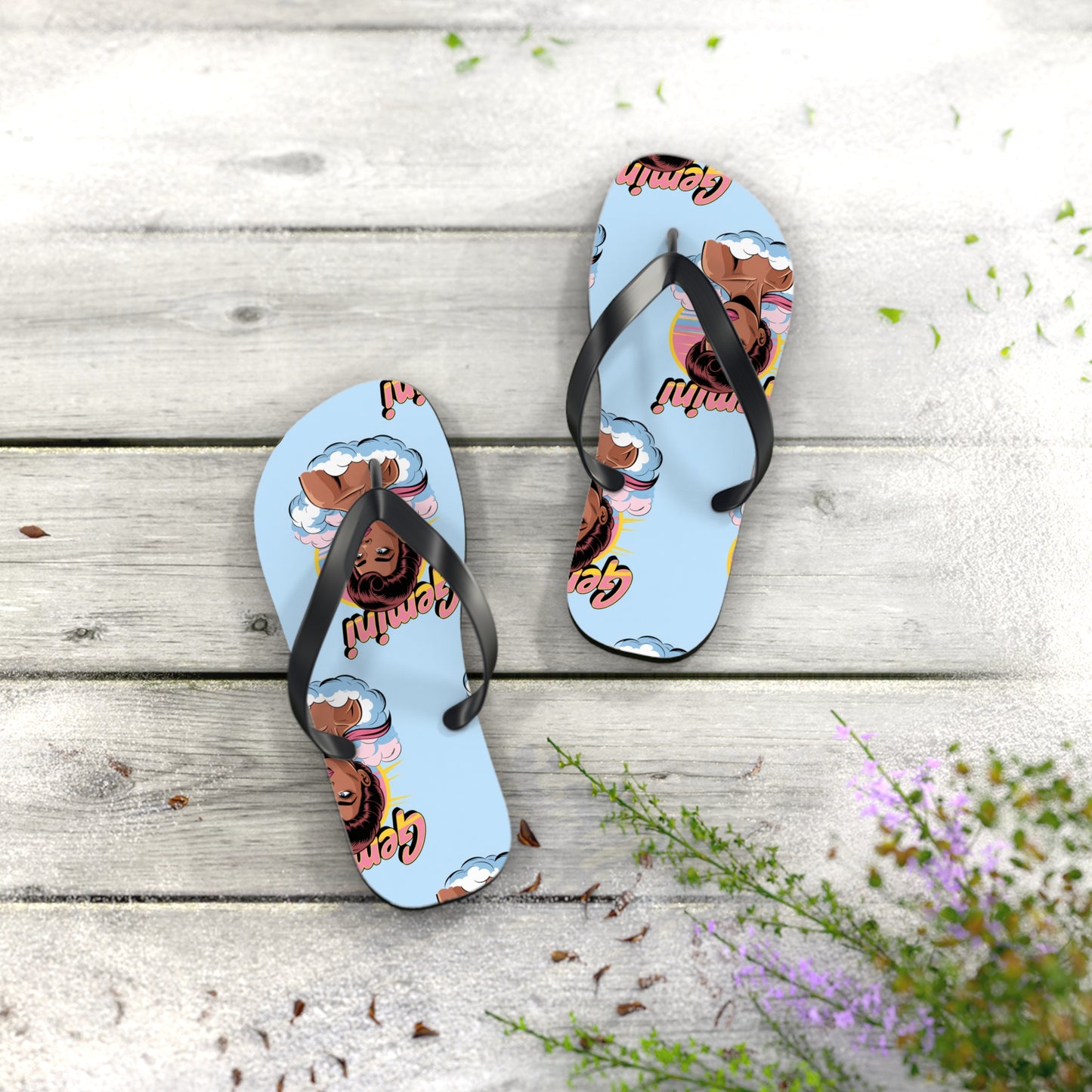‘GEMINI’ Graphic Flip Flops, Summer Footwear, Vacation Sandals