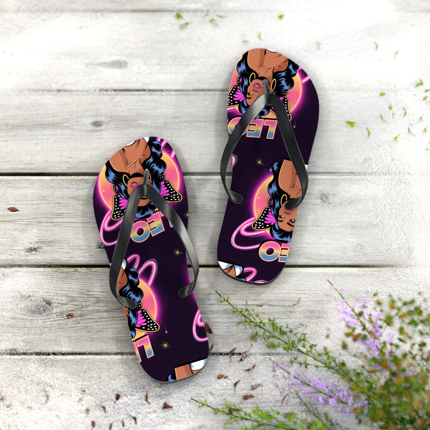 ‘LEO’ Vibrant Graphic Flip Flops, Fun Summer Footwear, Beach Comfort