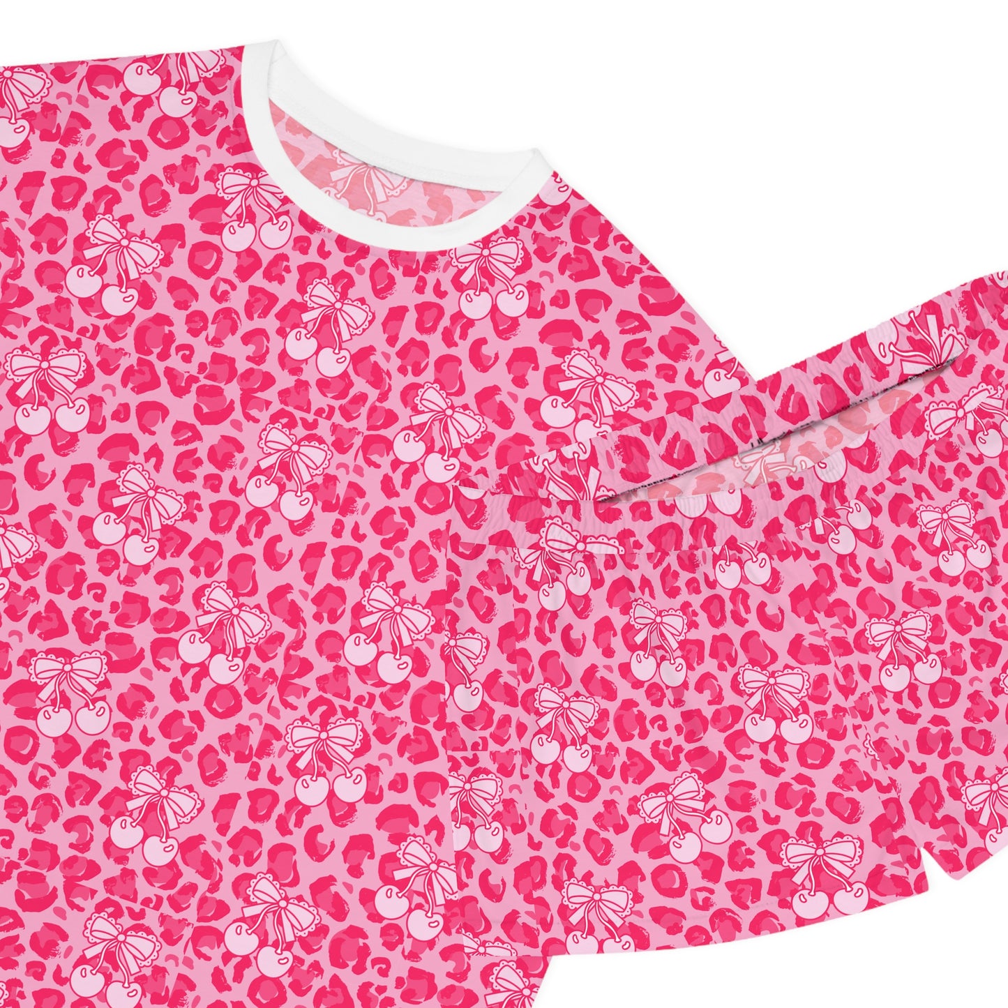 Cute Women's Pink Leopard Short Pajama Set With Cherry & Bow pattern