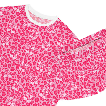 Cute Women's Pink Leopard Short Pajama Set With Cherry & Bow pattern