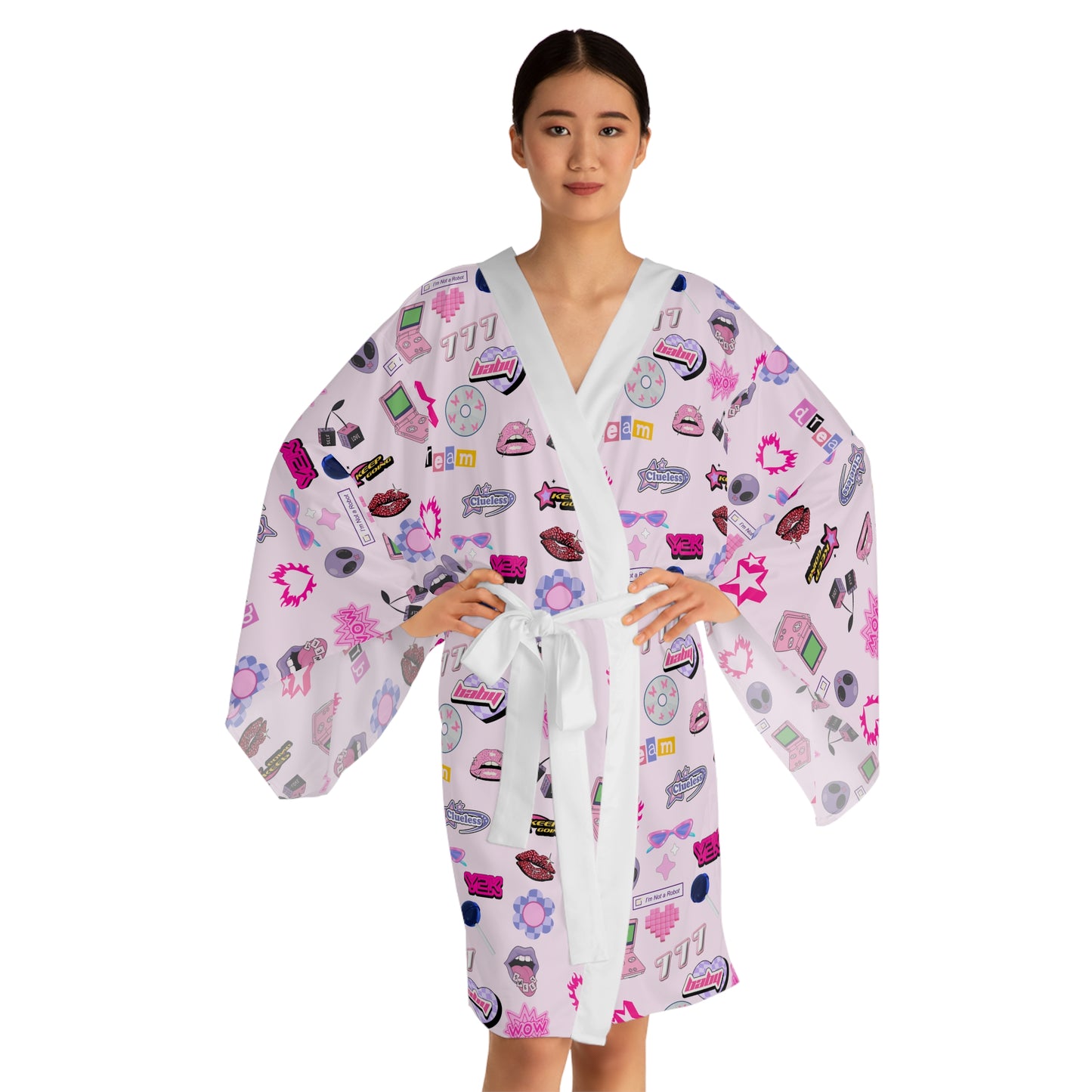 Long Sleeve Kimono Robe, Y2K Lounge Wear