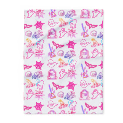 Neon Halloween Blanket Ghosts & Spooky Icons, Retro Blanket, Cozy Seasonal Decor