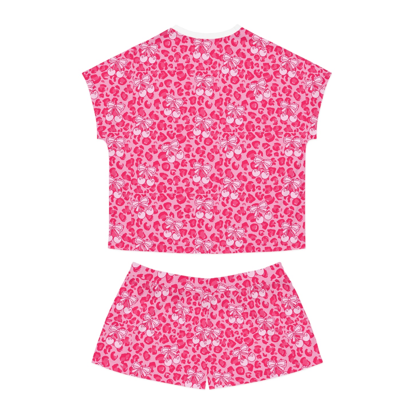 Cute Women's Pink Leopard Short Pajama Set With Cherry & Bow pattern
