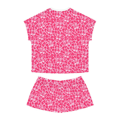 Cute Women's Pink Leopard Short Pajama Set With Cherry & Bow pattern
