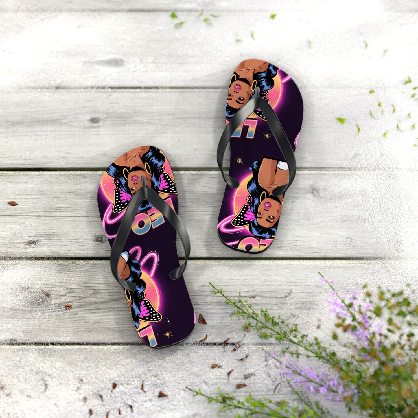 ‘LEO’ Vibrant Graphic Flip Flops, Fun Summer Footwear, Beach Comfort
