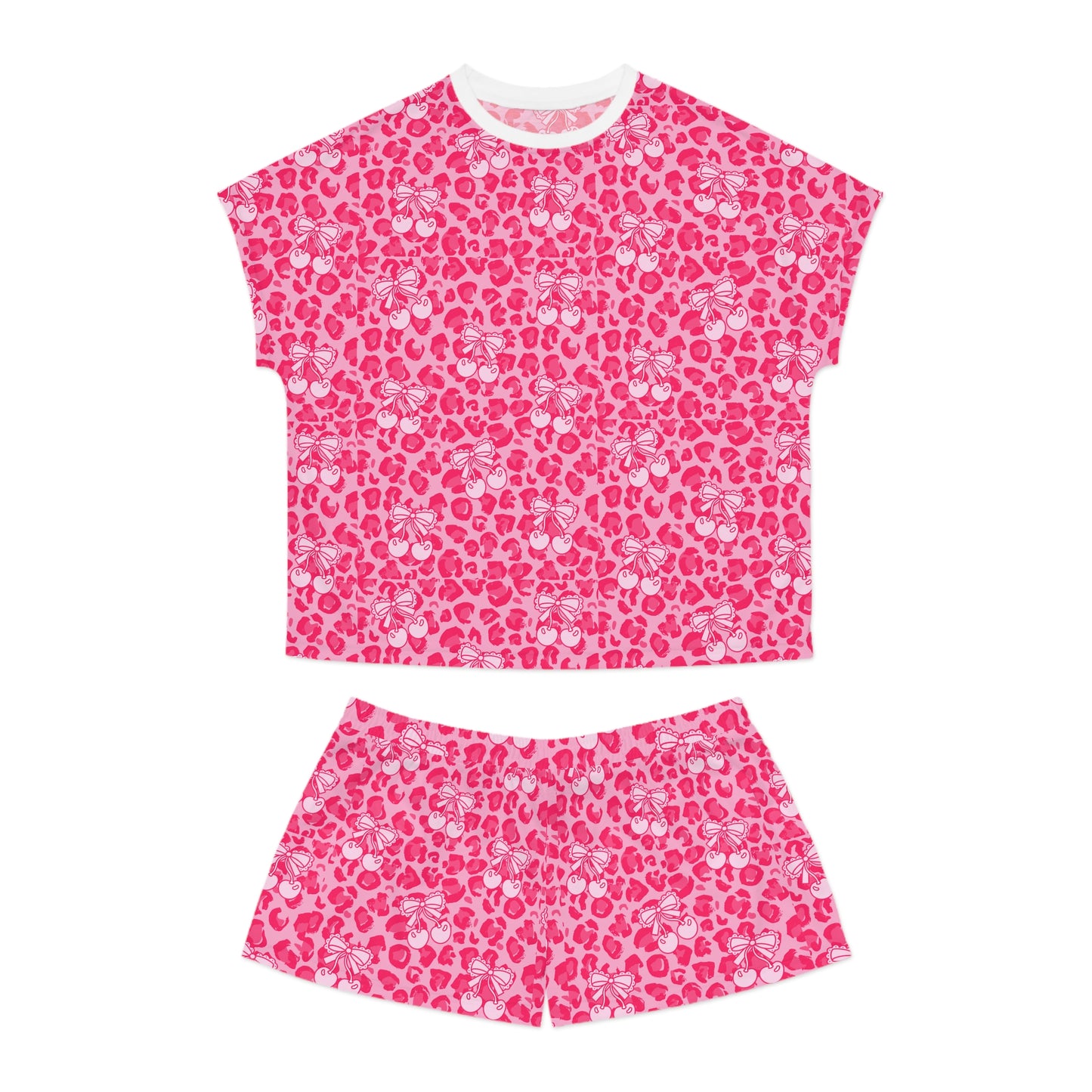 Cute Women's Pink Leopard Short Pajama Set With Cherry & Bow pattern