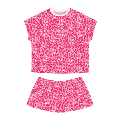 Cute Women's Pink Leopard Short Pajama Set With Cherry & Bow pattern