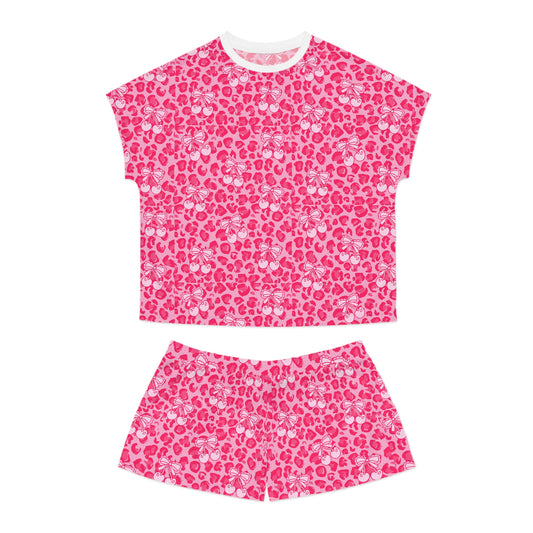 Cute Women's Pink Leopard Short Pajama Set With Cherry & Bow pattern