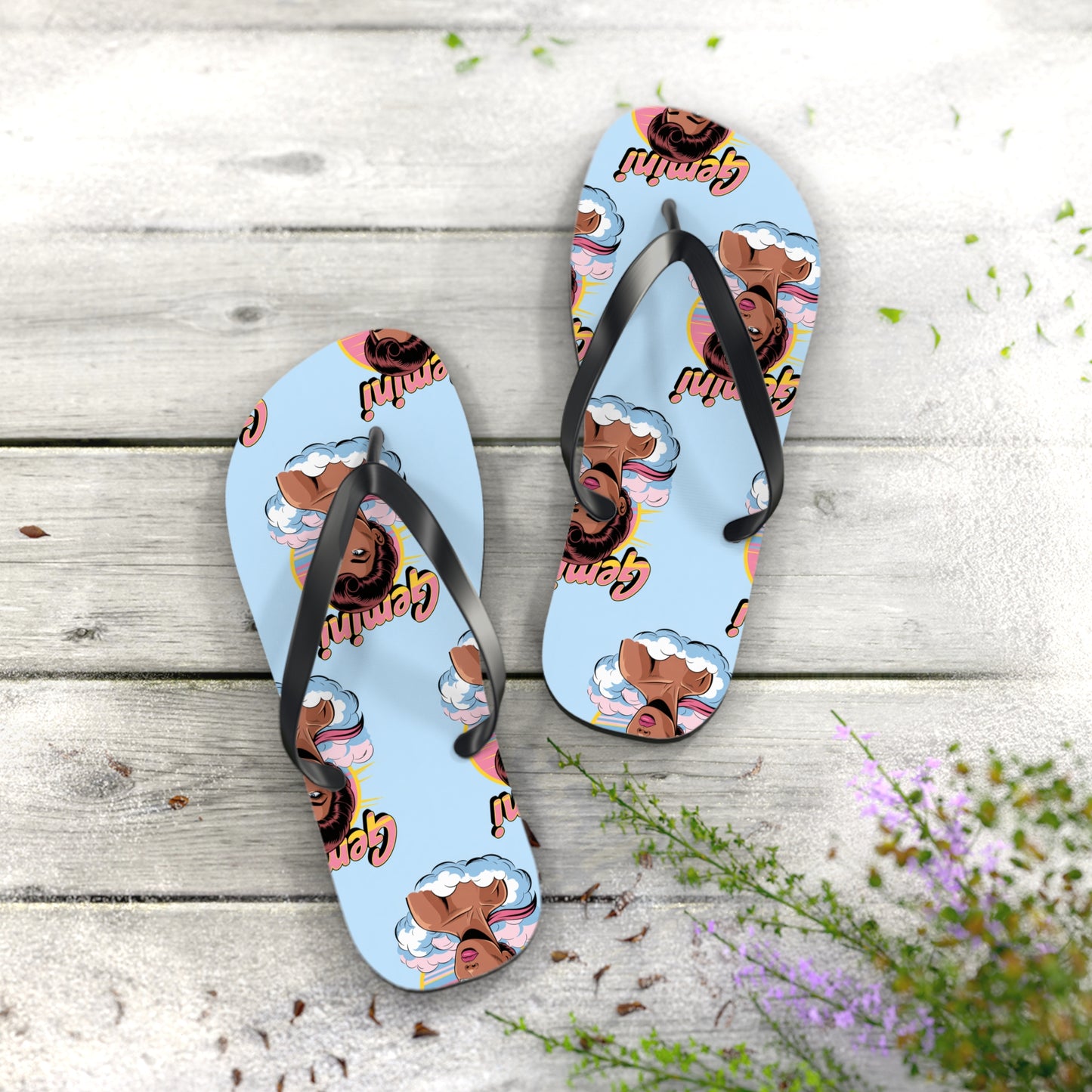 ‘GEMINI’ Graphic Flip Flops, Summer Footwear, Vacation Sandals