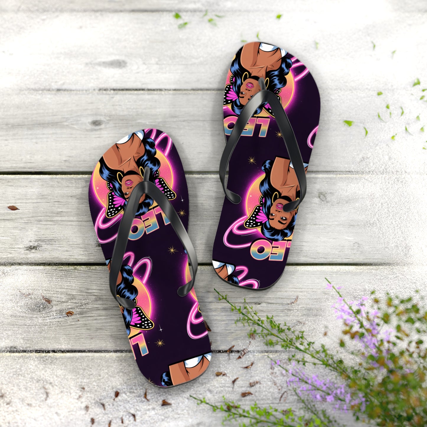 ‘LEO’ Vibrant Graphic Flip Flops, Fun Summer Footwear, Beach Comfort