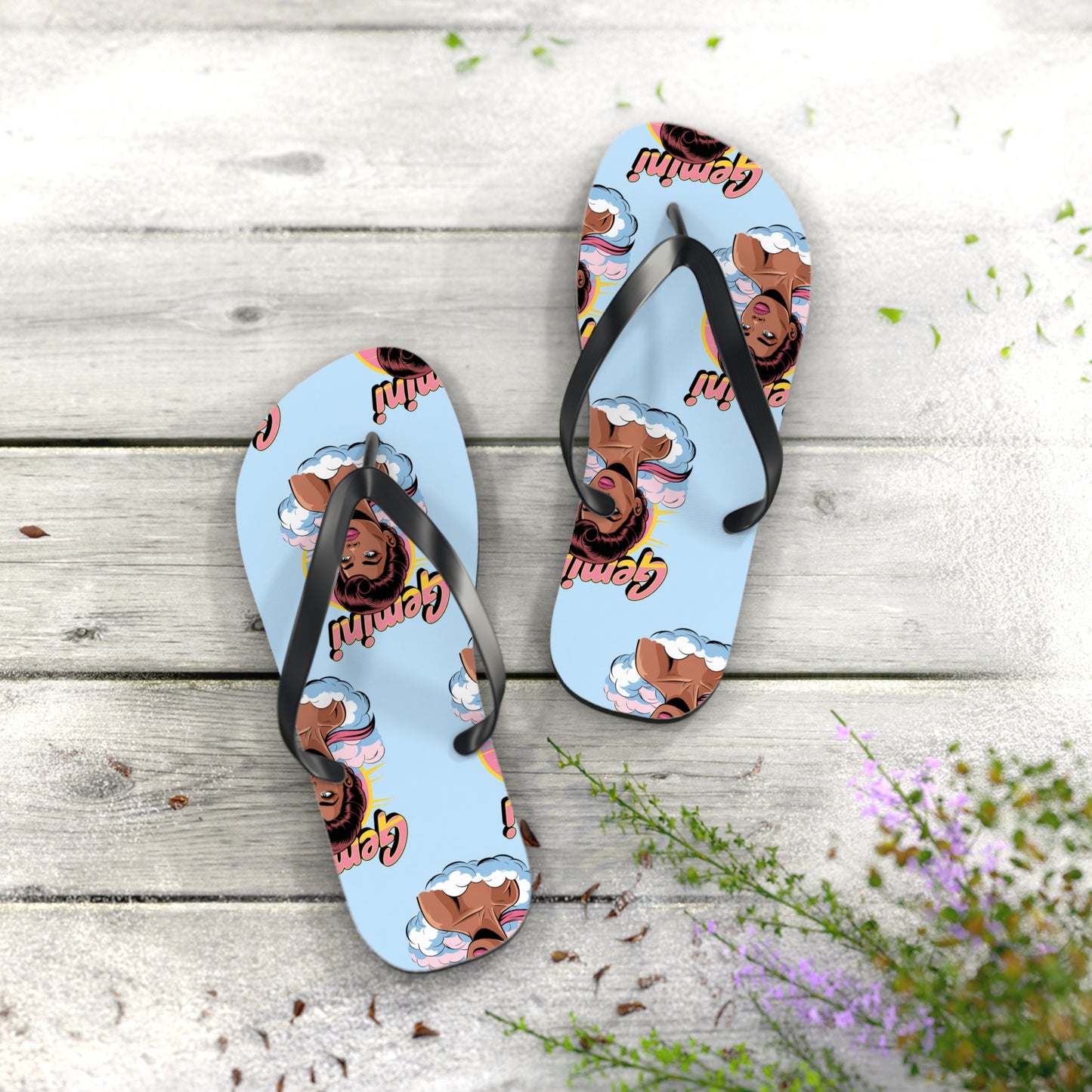 ‘GEMINI’ Graphic Flip Flops, Summer Footwear, Vacation Sandals