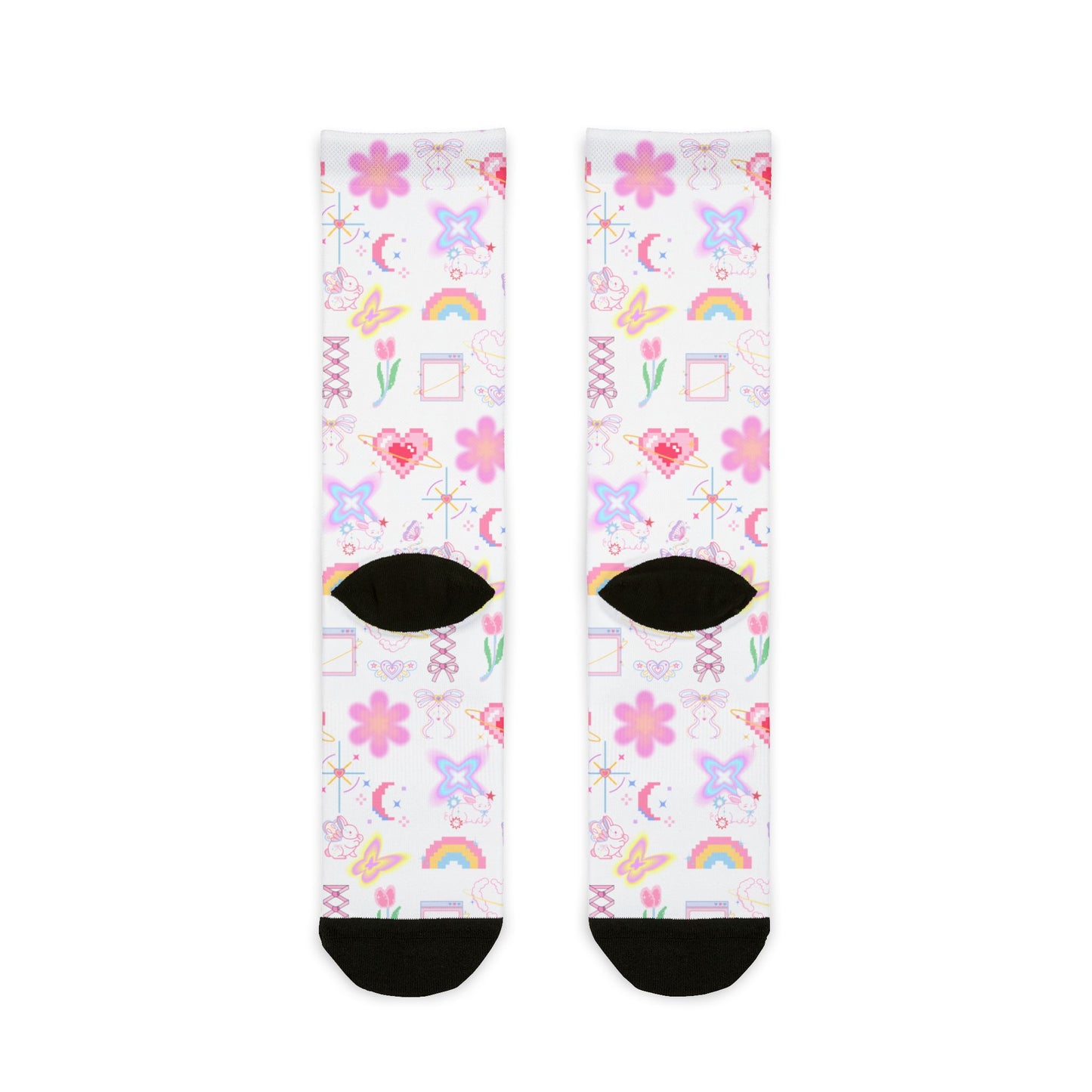 Cute Patterned Crew Socks, Rainbow, Flower Design