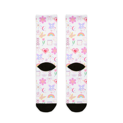 Cute Patterned Crew Socks, Rainbow, Flower Design