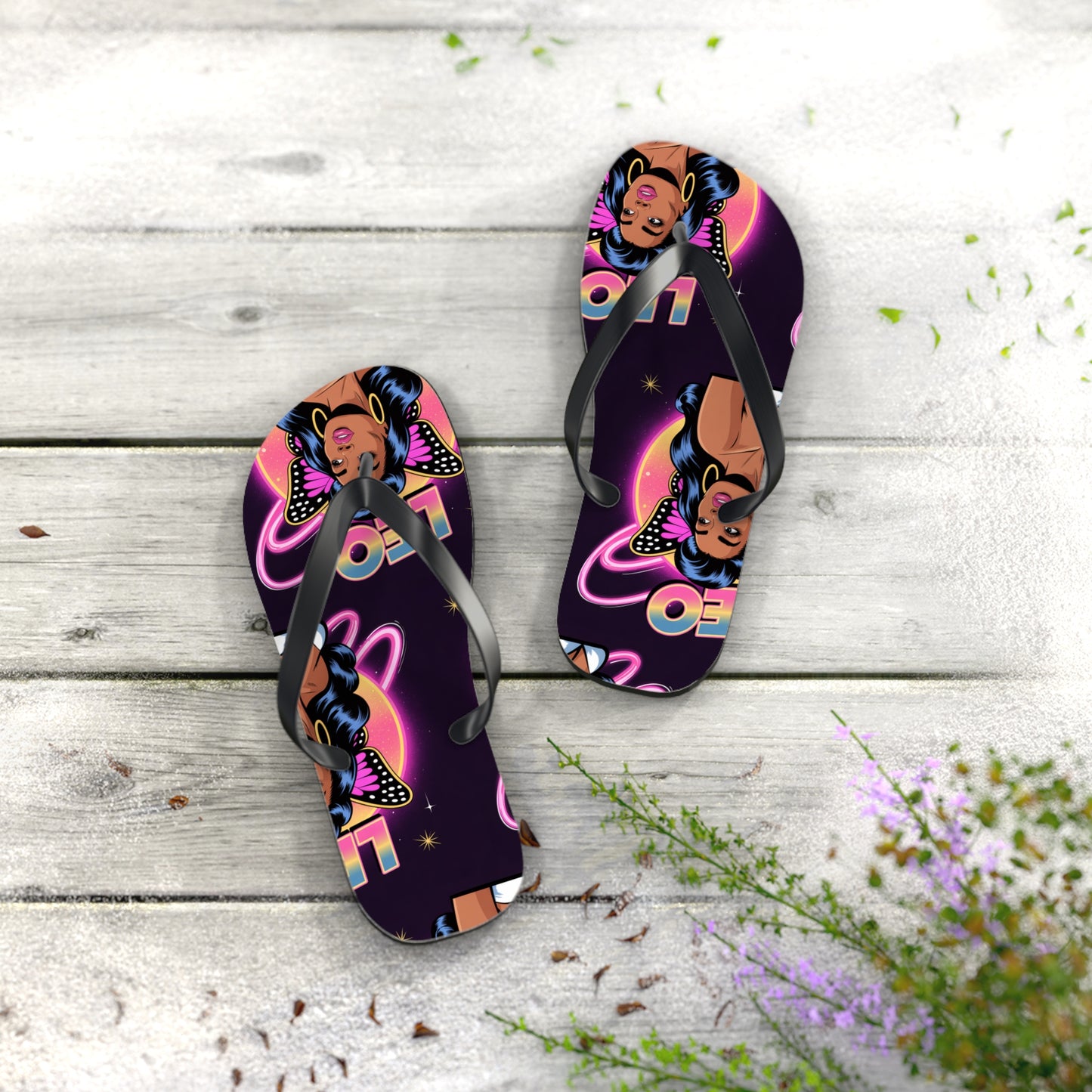 ‘LEO’ Vibrant Graphic Flip Flops, Fun Summer Footwear, Beach Comfort