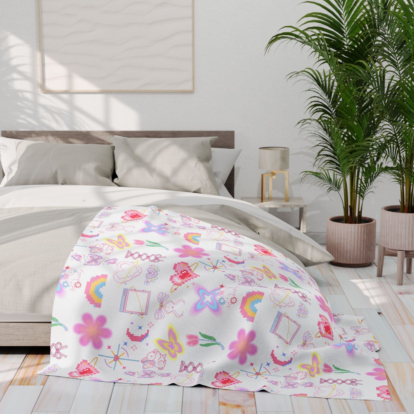 Pastel Fleece Blanket with Cute Pattern, Soft Throw, Home Decor