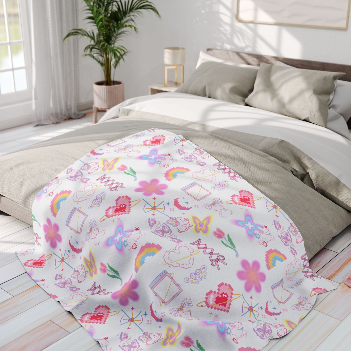 Pastel Fleece Blanket with Cute Pattern, Soft Throw, Home Decor