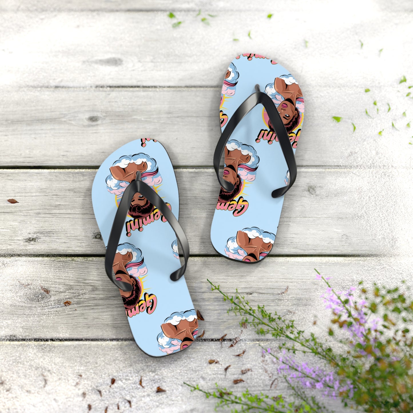 ‘GEMINI’ Graphic Flip Flops, Summer Footwear, Vacation Sandals